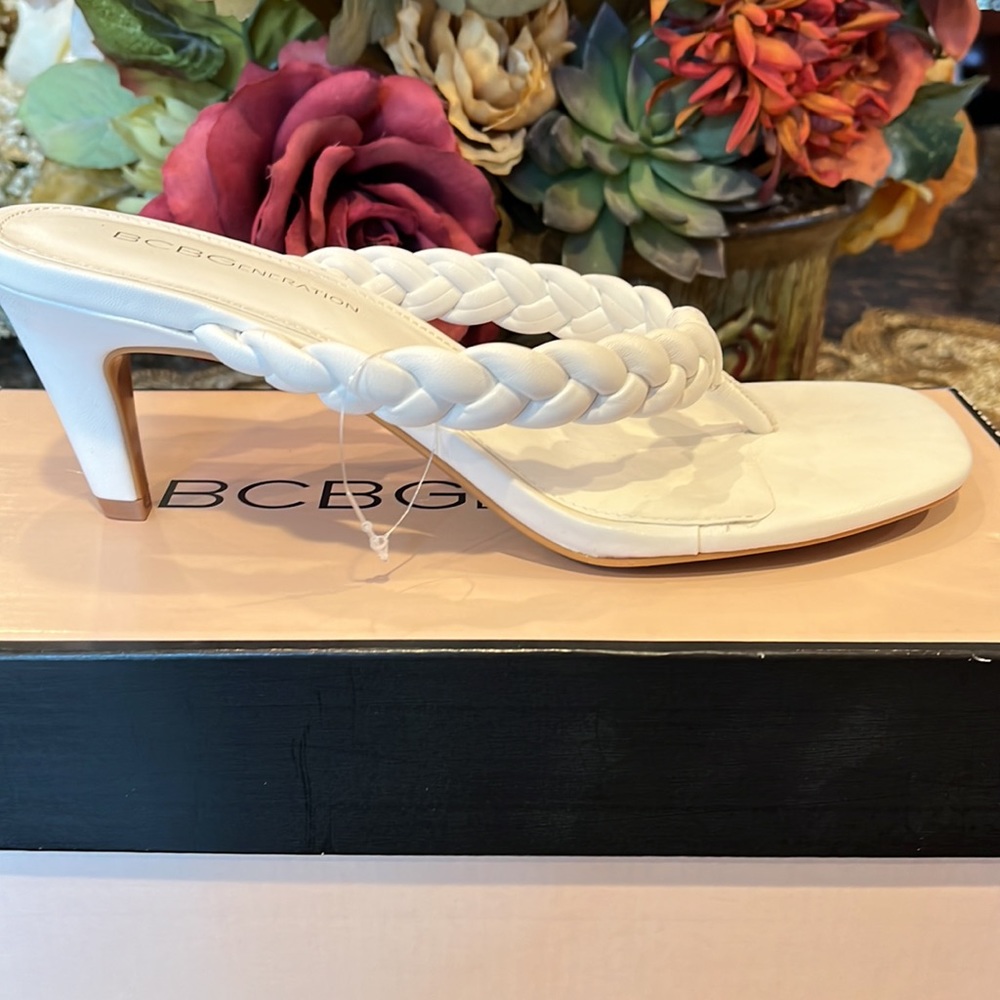 BCBGenervation White Braided Kitten Heel Sandals Size 7.5 With Box